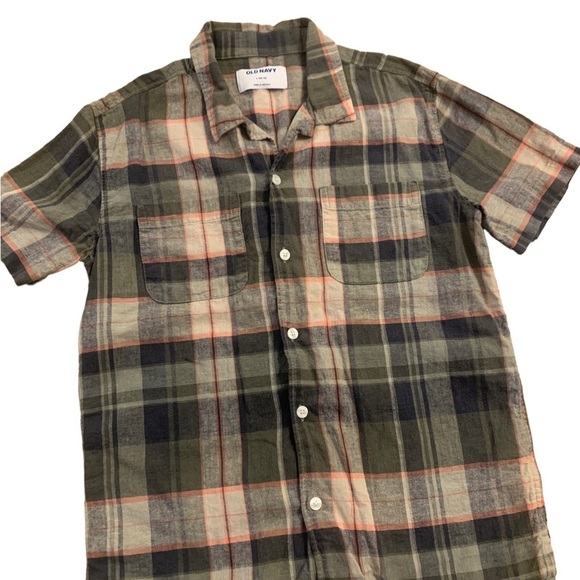 Old Navy | Plaid Short Sleeve Button Down Shirt Size Large (10-12) Army - Picture 7 of 9